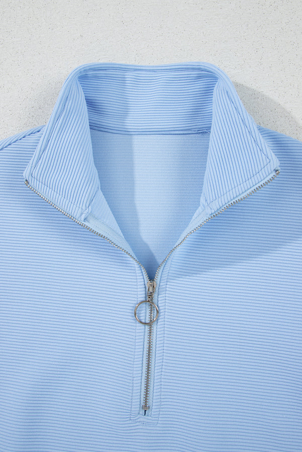 Beau Blue Ribbed Texture Half Zip Ruffled Short Sleeve Top and Shorts Set