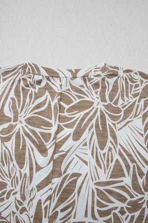 Khaki Floral Print V Neck Short Sleeve Loose Fit Blouse