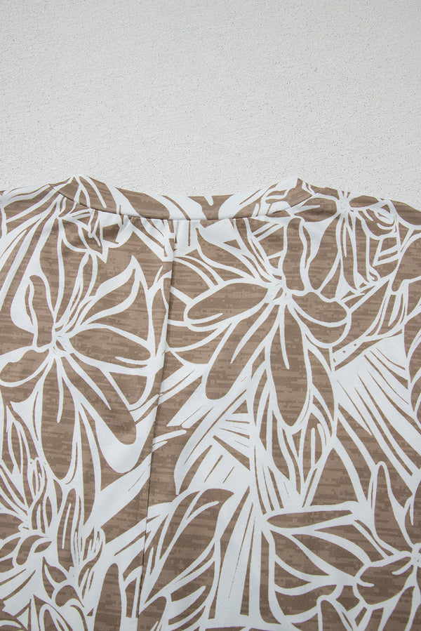Khaki Floral Print V Neck Short Sleeve Loose Fit Blouse