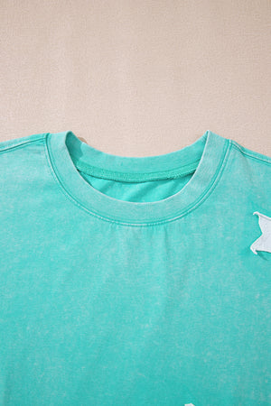 Mint Green Acid Wash Star Patched Rolled Trim Pants Set