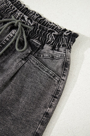 High Drawstring Elastic Waistband Casual Denim Shorts with Pockets