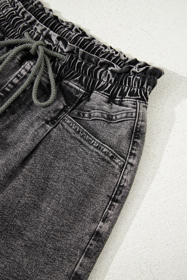 High Drawstring Elastic Waistband Casual Denim Shorts with Pockets