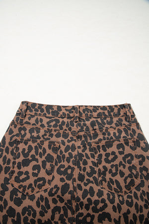 Brown Leopard Denim Frayed Split Denim Midi Skirt