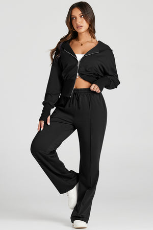 Black Double Zipper Hooded Jacket and Sweatpants Active Set