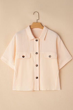 Beige Waffle Splicing Short Batwing Sleeve Flap Detail Shirt