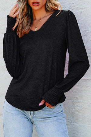 Black Shirred Shoulder Frilled Cuffs Long Sleeve Top