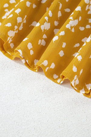 Yellow Plus Size Floral Print Ruched Split Neck Blouse