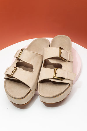 Beige Suede Buckle Decor Footbed Sandal Slippers