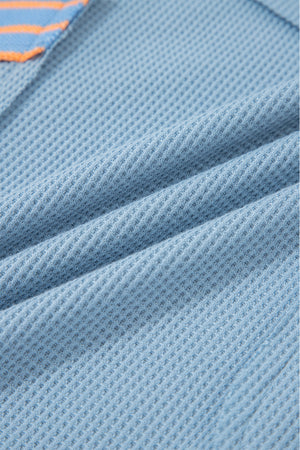 Dusk Blue Exposed Seam Waffle Striped Patchwork Baggy Pullover