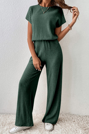 Mist Green Ribbed Keyhole Short Sleeve Wide Leg Jumpsuit