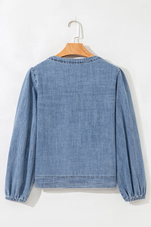 Dusk Blue Tied Front Long Puff Sleeve Denim Top