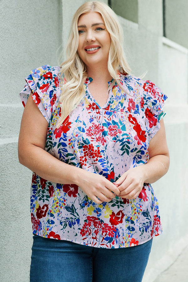 Fiery Red Plus Floral Print Ruffle Cap Sleeve V Neck Blouse