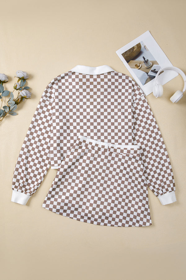 Khaki Checkered Print Polo Collar Cropped Long Sleeve Top Drawstring Mini Skirt Set