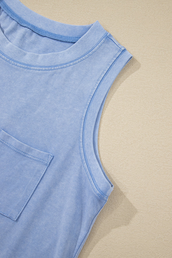 Beau Blue Mineral Wash Patched Chest Pocket Casual Tank Top