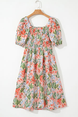 Apricot Pink Floral Smocked Bust Bubble Short Sleeve Maxi Dress