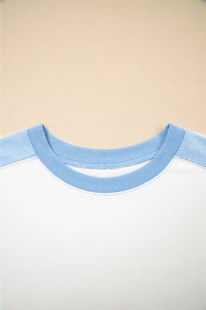 Sky Blue Color Block Exposed Seam Crew Neck T Shirt