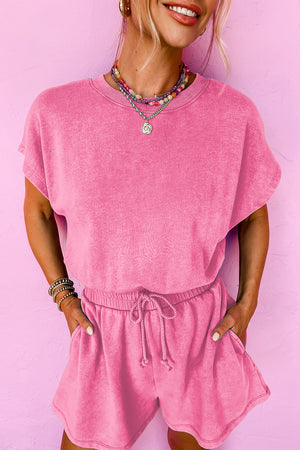 Bonbon Mineral Wash Drawstring Elastic Waistband Hollow Out Back Short Sleeve Romper