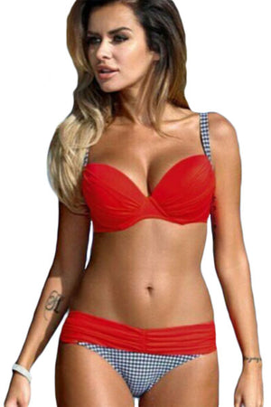Sexy Fiery Red Padded Gather Push-up Bikini Set