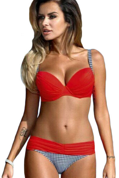 Sexy Fiery Red Padded Gather Push-up Bikini Set