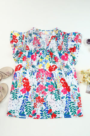 Fiery Red Plus Floral Print Ruffle Cap Sleeve V Neck Blouse