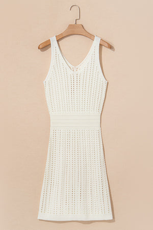 White Eyelet Crochet Sleeveless V Neck Beach Dress