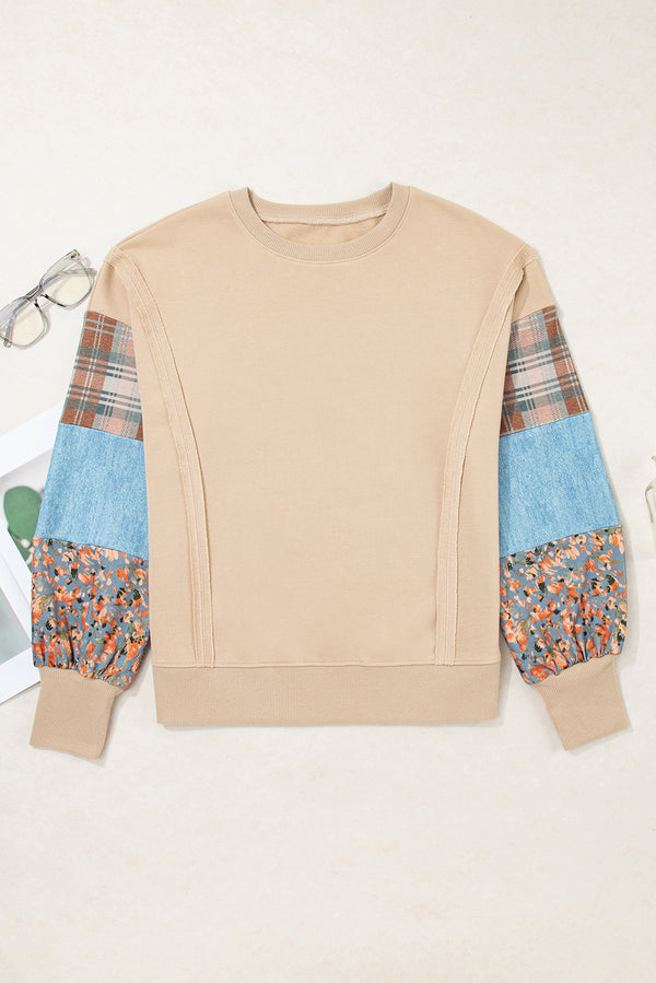 Smoke Gray Plaid Colorblock Patchwork Sleeve Raw Seam Sweatshirt