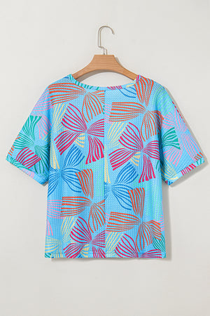 Sky Blue Bowknot Printed Waffle Crewneck Loose Short Sleeve Top