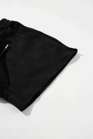Black Textured Ruffled Sleeve Tee and Drawstring Elastic Waistband Shorts Set