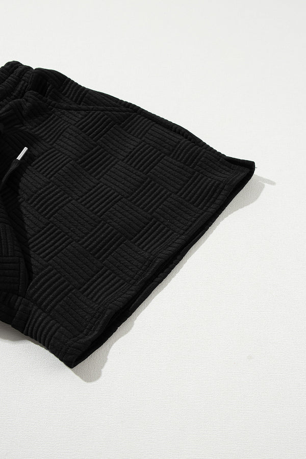 Black Textured Ruffled Sleeve Tee and Drawstring Elastic Waistband Shorts Set