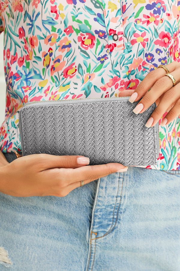 Medium Grey Woven Textured Zip Around Long Wallet