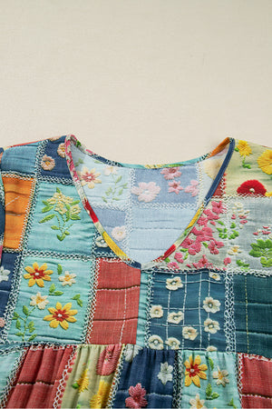 Sky Blue Mix Floral Checkered Pattern Bubble Sleeve Ruffle Hem Dress