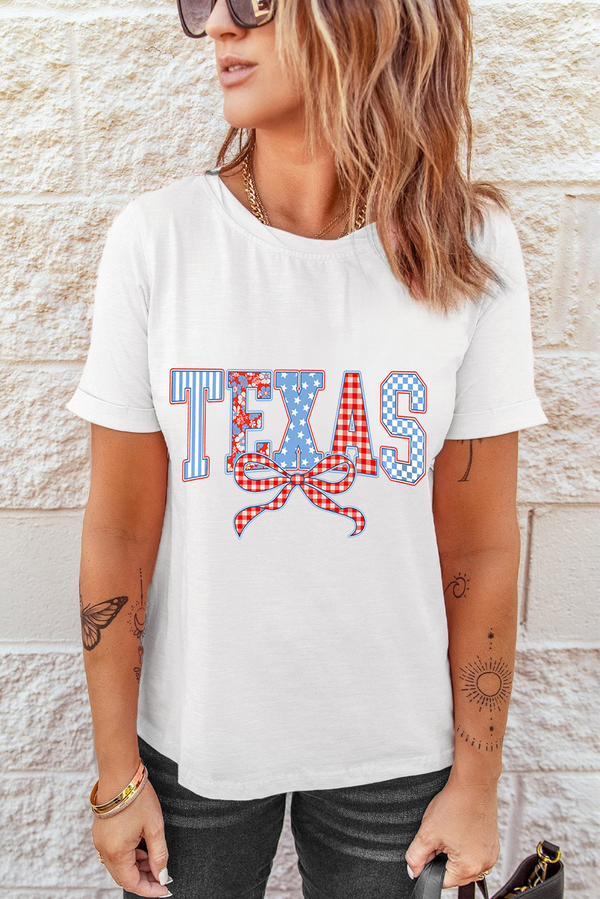 White Independence Day TEXAS Bow Printed T Shirt