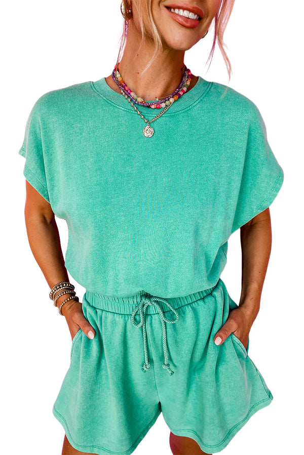Sea Green Mineral Wash Drawstring Elastic Waistband Hollow Out Back Short Sleeve Romper