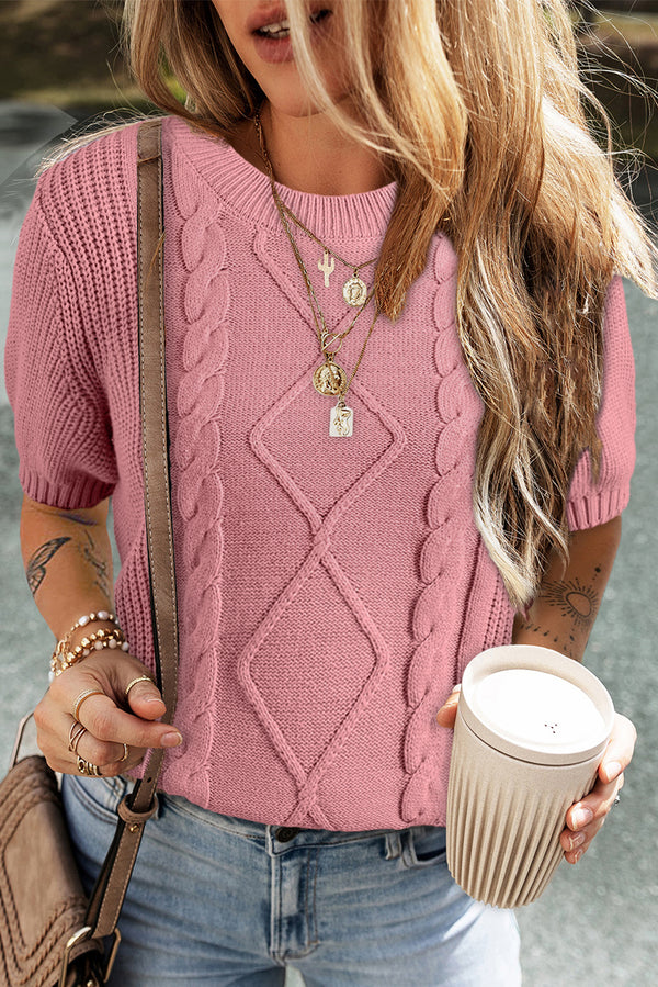 Pink Cable Knit Mixed Textured Short Sleeve Sweater