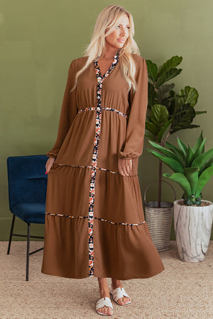 Chestnut Floral Patchwork Detail Notched Neck Long Sleeve Maxi Dress