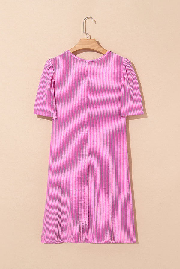 Bright Pink Corded Knit Crew Neck Puff Sleeve Shift Mini Dress