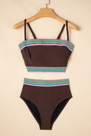 Coffee Contrast Banding Tube Bikini High Waist 2pcs Swimsuit