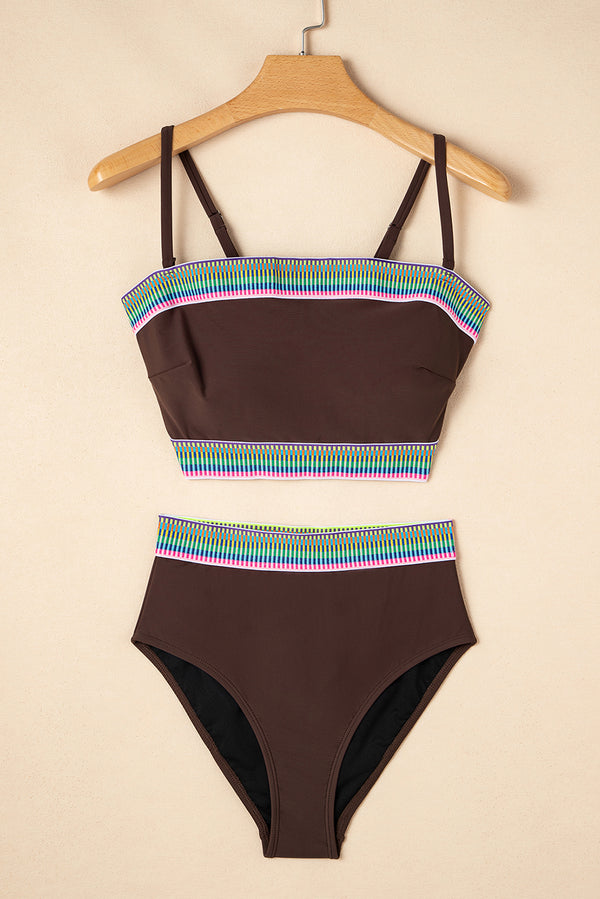 Coffee Contrast Banding Tube Bikini High Waist 2pcs Swimsuit