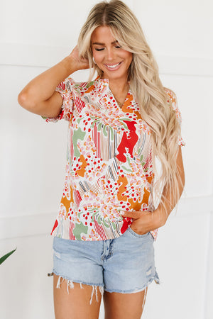 Pink Floral Print Button Frilled Short Sleeve Blouse