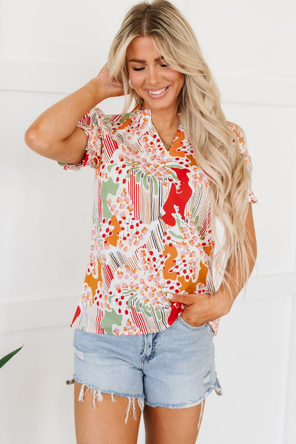 Pink Floral Print Button Frilled Short Sleeve Blouse