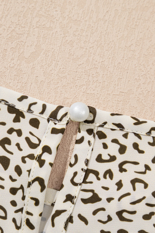 Beige Plus Size Leopard Print Frill Trim Short Sleeve Flared Dress