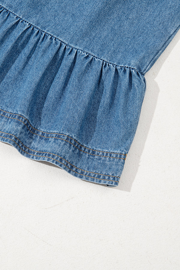 Dusk Blue Denim Ruffled Sleeve Lace up Front Peplum Top