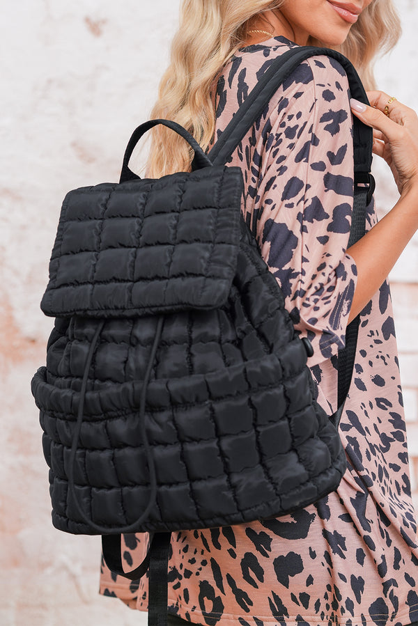 Black Solid Flapped Quilted Puffer Backpack