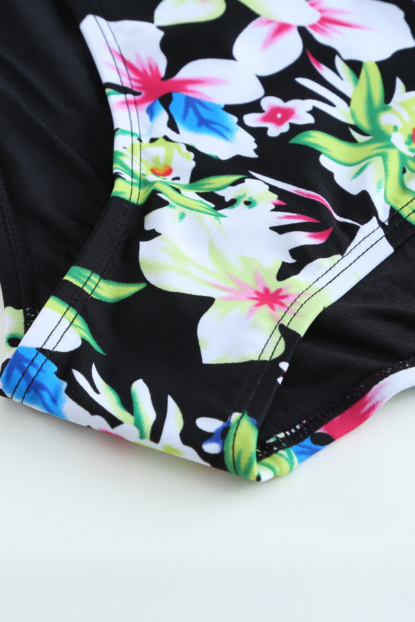 Black Layered-Style Floral Tankini with Triangular Briefs