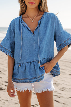Dusk Blue Denim Ruffled Sleeve Lace up Front Peplum Top