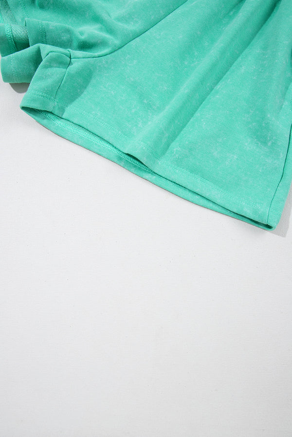 Sea Green Mineral Wash Drawstring Elastic Waistband Hollow Out Back Short Sleeve Romper