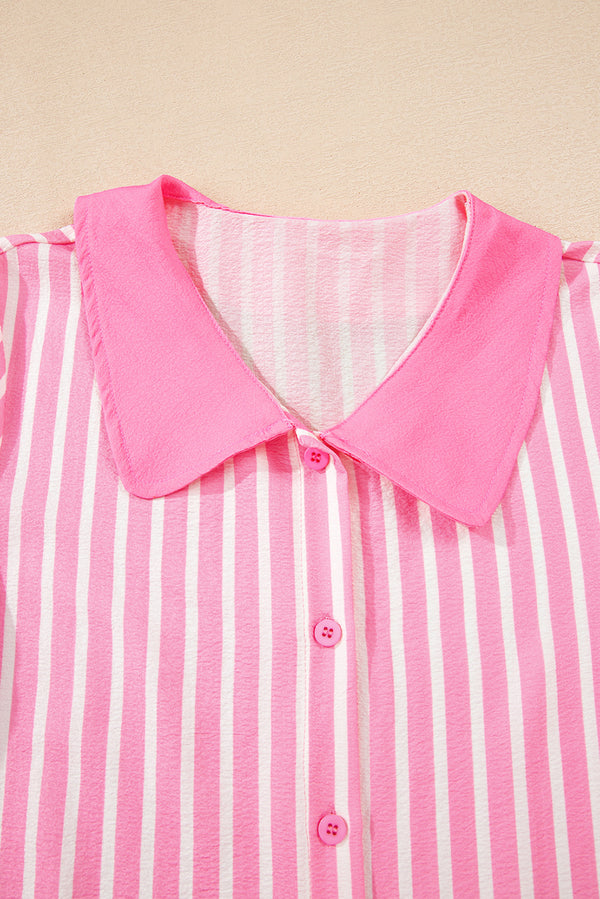 Pink Stripe Buttoned Front Long Sleeve Top and Pants 2 Piece Sleepwear