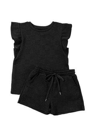 Black Textured Ruffled Sleeve Tee and Drawstring Elastic Waistband Shorts Set