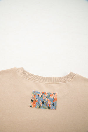 Smoke Gray Plaid Colorblock Patchwork Sleeve Raw Seam Sweatshirt