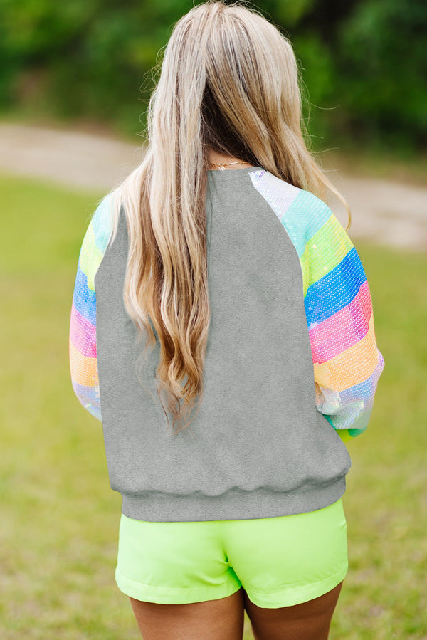 Gray Sequin Color Block Raglan Sleeve Pullover Sweatshirt